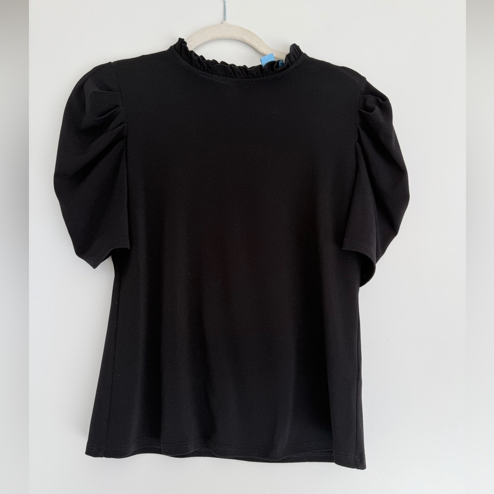 CeCe Black Puff Sleeve Ruffle Neck Blouse XS